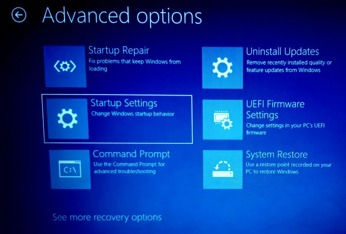 advanced boot menu: start-up settings